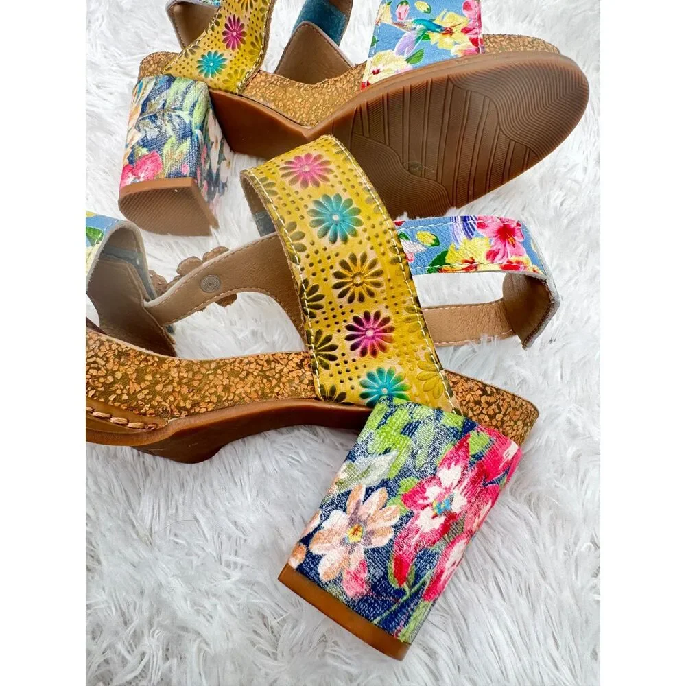 L'Artiste Spring Step Floral Block Heel Sandals Size 37 Multicolor Boho